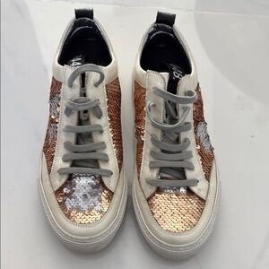 P448 Cream and Brown Patchwork Sneakers with Intricate Design